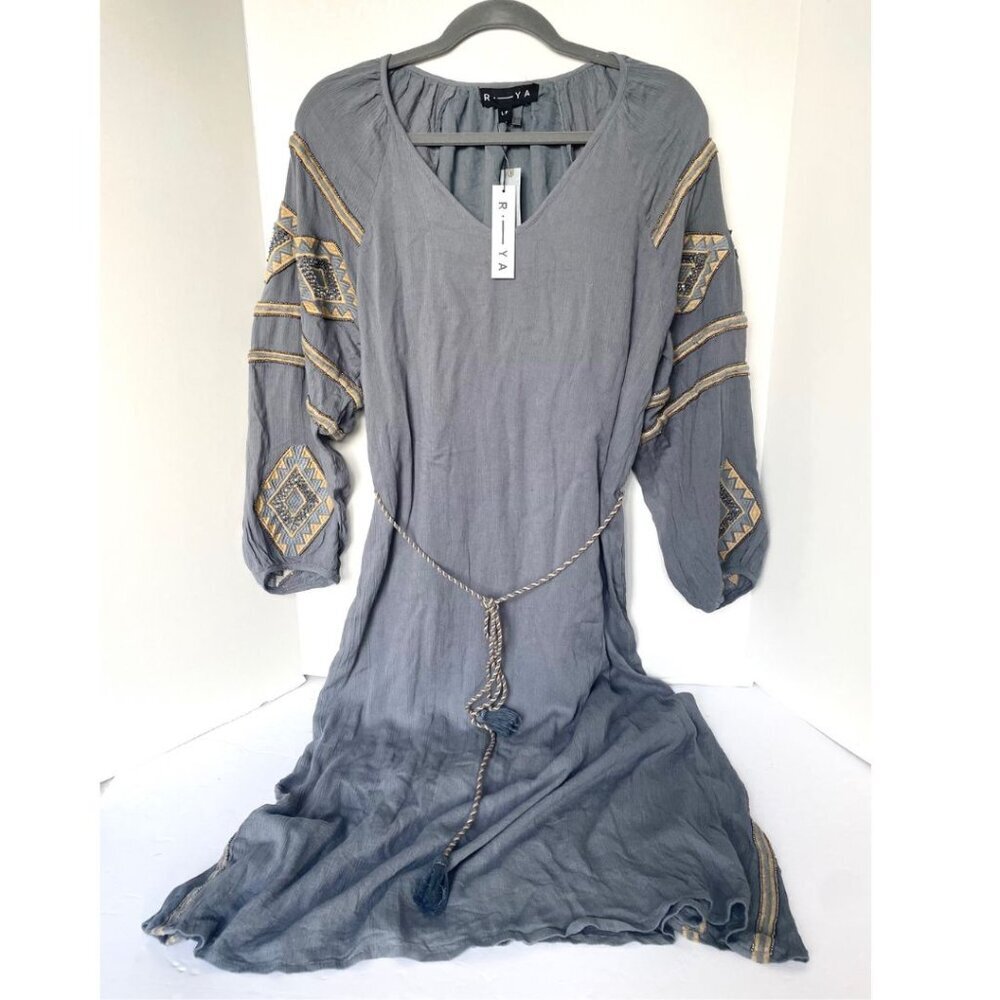 Anthropologie Beaded Tunic Dress Large Petite Gray V-Neck Belted Boho Midi
